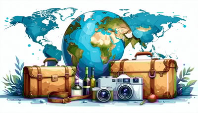 Illustration of a globe, suitcase, and travel essentials representing worldwide travel inspiration Illustration of a globe, suitcase, and travel essentials representing worldwide travel inspiration